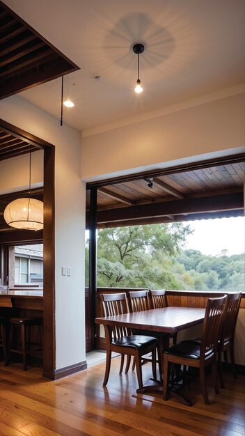 ein Esszimmer mit einem Tisch und Stühlen und einem großen Fenster mit schießenden Glasfenstern im japanischen Stil