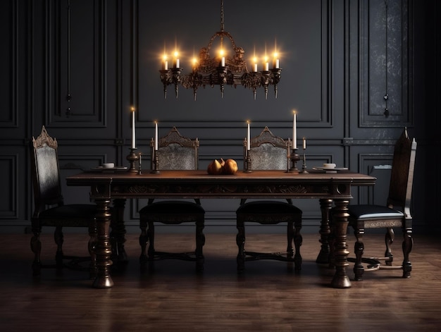 Ein Esszimmer mit Möbeln, einem Tisch und einem Kronleuchter, Kerzenlicht erhellt den Raum mit generativer KI
