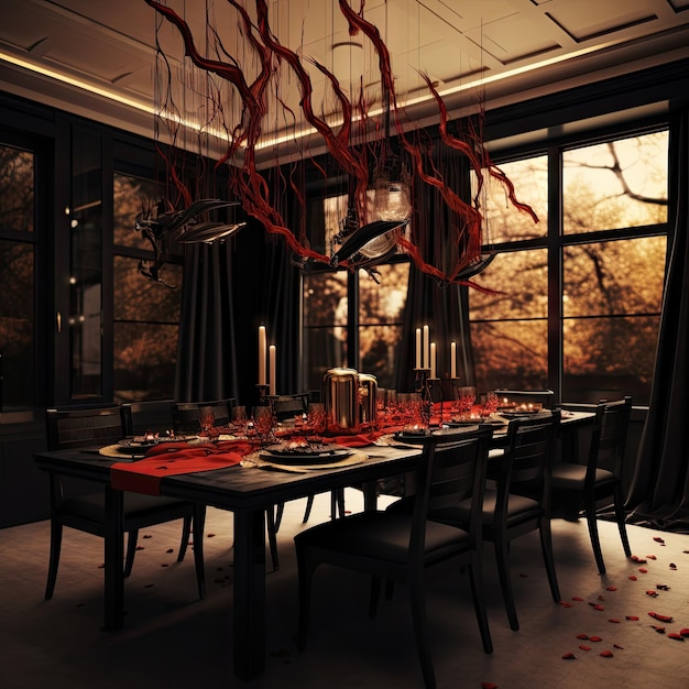 ein Esszimmer mit roten Blumen auf dem Tisch und Kronleuchtern, die von der Decke bis zum Boden unten hängen
