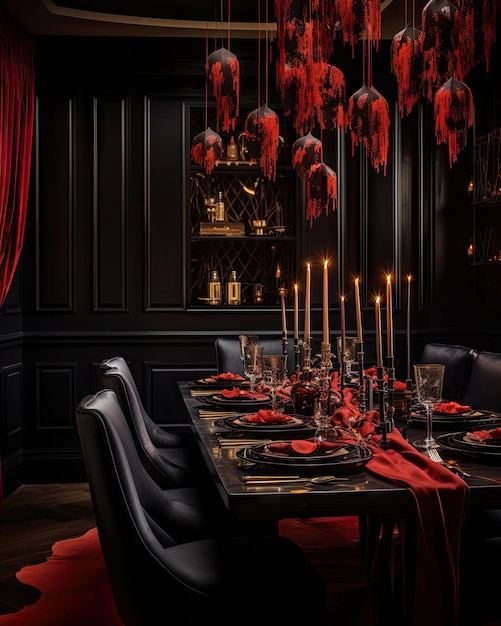 Ein Esszimmer mit schwarzen Wänden, roten Vorhängen und über dem Tisch hängenden Kronleuchtern für ein elegantes Weihnachtsessen