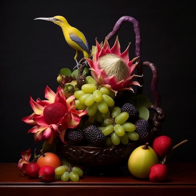Ein exotisches Arrangement aus Kiwi, Drachenfrucht und Passionsfrucht