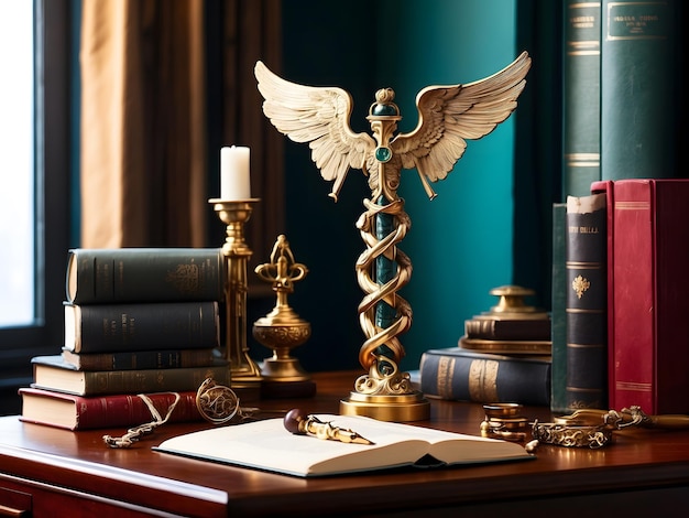 Ein exquisites, hoch stilisiertes Kaduceus, ein Symbol der Medizin, auf einem luxuriösen Schreibtisch mit Medica.