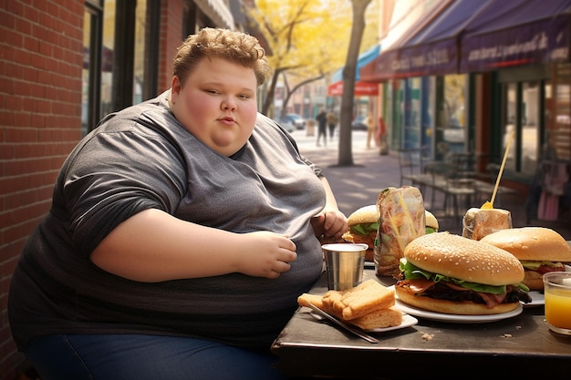 Ein extrem fettleibiger Junge sitzt in einem Straßencafé und ist dabei, ein paar bestellte Burger zu essen