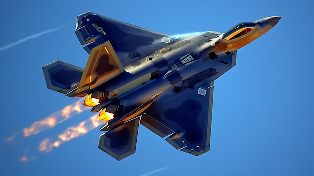 Ein F-22 Raptor-Kampfflugzeug fliegt schnell durch den blauen Himmel und das orangefarbene Leuchten seiner Motoren
