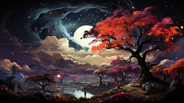 Ein fabelhafter farbenfroher Wald, der nachts vom Mond beleuchtet wird, ein kosmischer Himmel aus Planeten und Sternen.