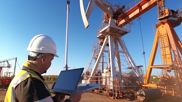 Ein Facharbeiter überwacht und steuert mit einem Tablet-Computer Ölpumpen an einem Gewinnungsort