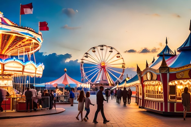 Foto ein fahrgeschäft auf dem rummelplatz mit riesenrad und riesenrad im hintergrund.