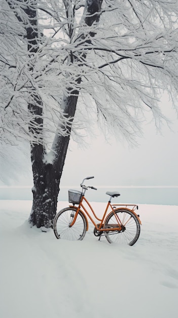 Ein Fahrrad, das neben einem Baum im Schnee geparkt ist