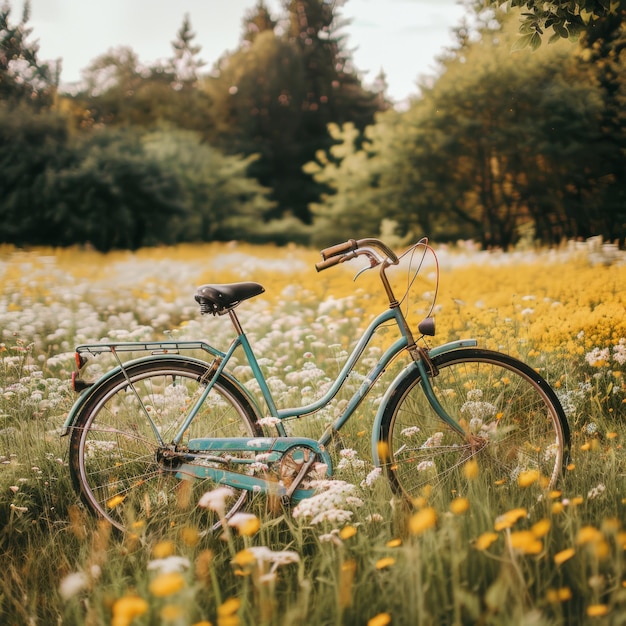 ein Fahrrad ist in einem Feld von Blumen und Gras