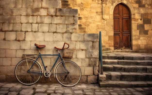Ein Fahrrad lehnt an einer Wand mit einer Korb-KI