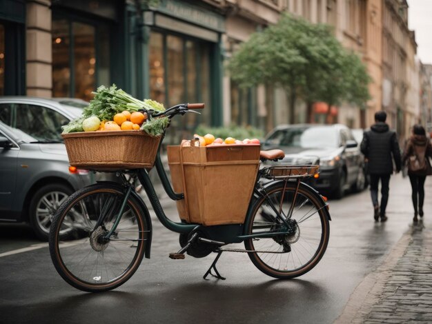 ein Fahrrad mit einem Korb voller Obst darauf