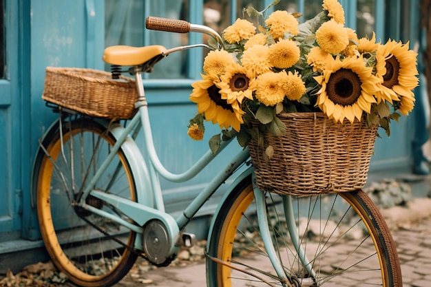 Ein Fahrrad mit einem Korb voller Sonnenblumen Generatives KI-Bild