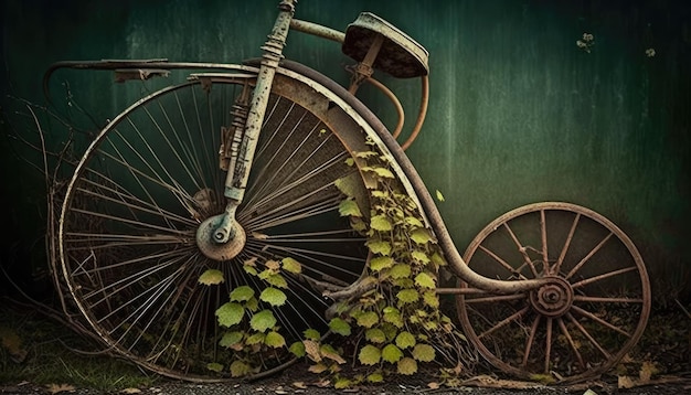 Ein Fahrrad mit grünem Hintergrund und einem verrosteten Fahrradrad.