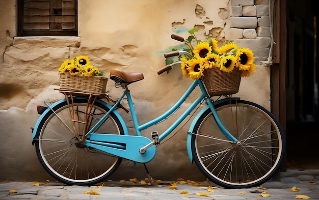 Ein Fahrrad mit Körben voller Sonnenblumen AI