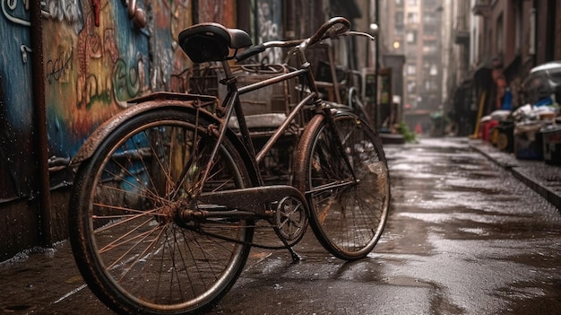 Ein Fahrrad steht auf einem Gehweg vor einer Mauer mit Graffiti darauf.