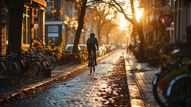 Ein Fahrradkurier fährt auf einer Dorfstraße für eine Lieferung