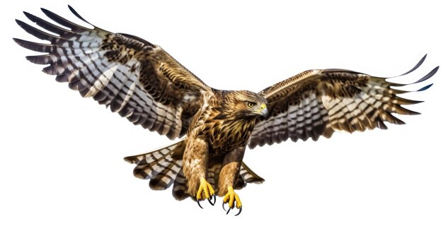 Ein Falke mit gelbem Schwanz fliegt in der Luft.