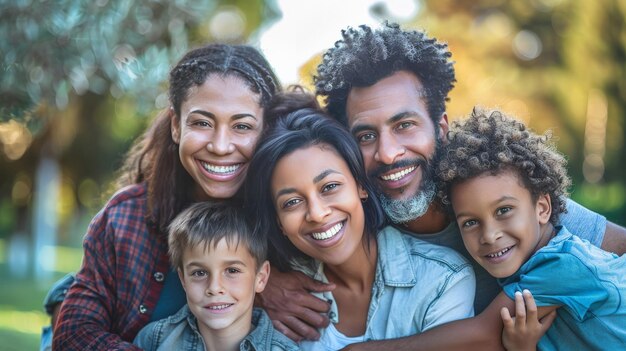 Ein Familienporträt mit einem Ehepaar und ihren Adoptivkindern, die alle in lässiger Kleidung sind und sich bequem auf einander stützen, um das Bild zu machen