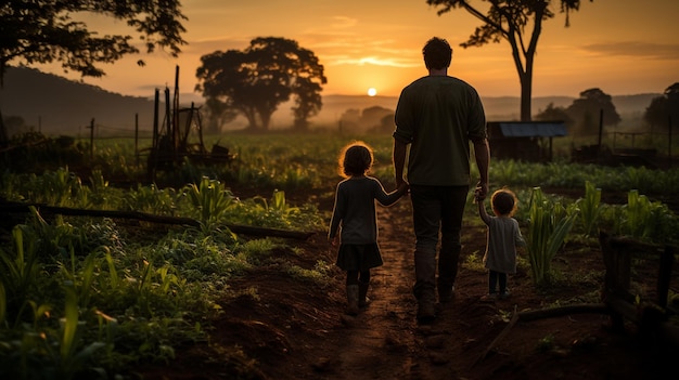 Ein Familienspaziergang in der Abenddämmerung durch ihre Gelassenheit