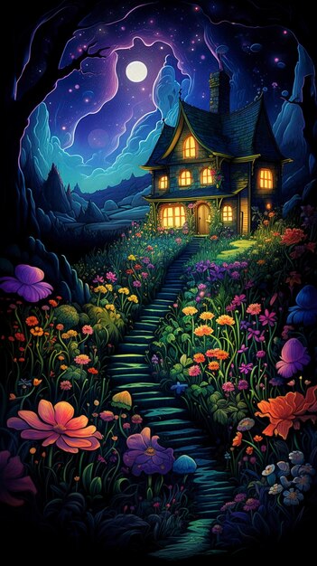 ein Fantasiehaus auf dem Hügel mit einem Tal voller Blumen in mehrfarbigem Neon in der dunklen Nacht