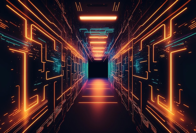Ein fantastischer Neontunnel der Korridor eines Raumschiffs Eintauchen in die künstliche Intelligenz der virtuellen Realität Dunkler abstrakter Hintergrund mit mehrfarbigem Leuchten 3D-Rendering AI generiert