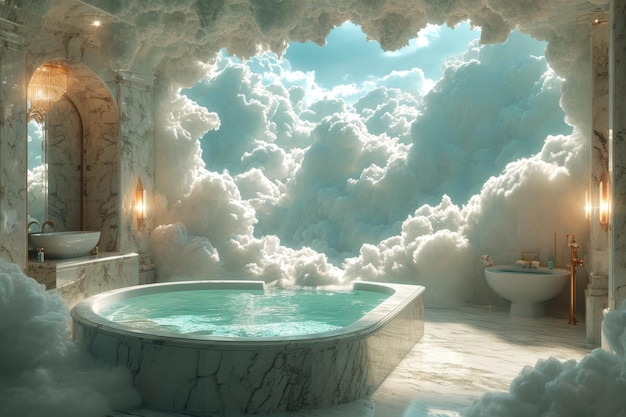 Ein fantastisches Bad in den Wolken Surrealistisches Badezimmer-Interior 3D-Illustration