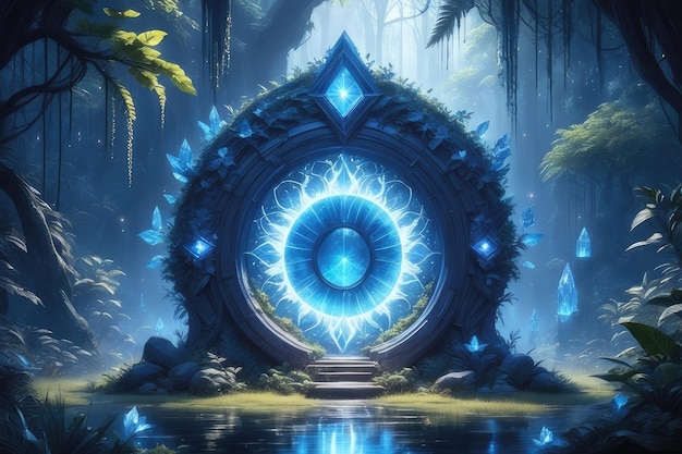 Ein fantastisches blau leuchtendes Portal im Wald