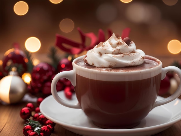 Ein fantastisches Foto von heißem Gourmet-Kakao in einer wunderschönen Weihnachtstasse mit heißer Schokolade zu Weihnachten