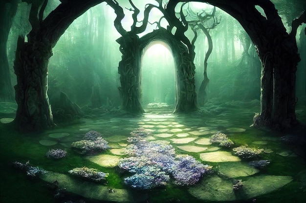Ein fantastisches magisches Gateway-Portal im Wald Farbenfroher, malerischer, heller Wald Das runde Portal teleportiert sich in andere Welten Fantastische Landschaft 3D-Illustration