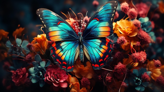 Ein farbenfroher blauer Morpho-Schmetterling auf einer Blume in der Nacht