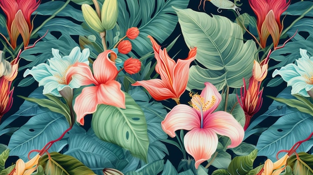 Ein farbenfroher Blumenhintergrund mit tropischen Blumen und Blättern.