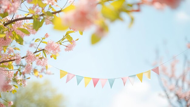 ein farbenfroher Bunting mit Blättern am Himmel im Stil der pastellfarbenen Weichheit