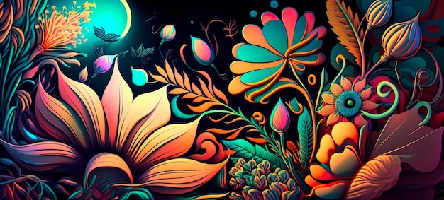 Ein farbenfroher, floral gemusterter Hintergrund mit einem psychedelischen Touch. Generative KI