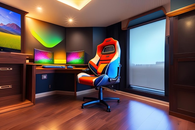 Ein farbenfroher Gaming-Stuhl in einem dunklen Raum mit einem Fenster dahinter.