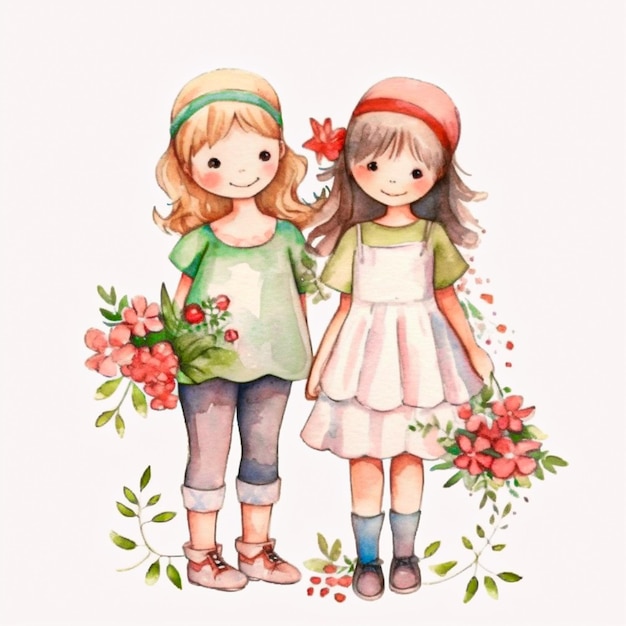 ein farbenfroher Gruß zum Tag der Freundschaft in Wasserfarben mit süßen Mädchen mit Blumen