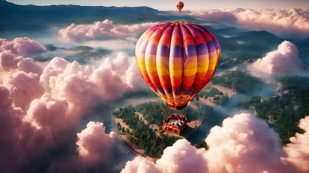 Foto ein farbenfroher heißluftballon, der durch die mit herzförmigen mustern geschmückten wolken treibt