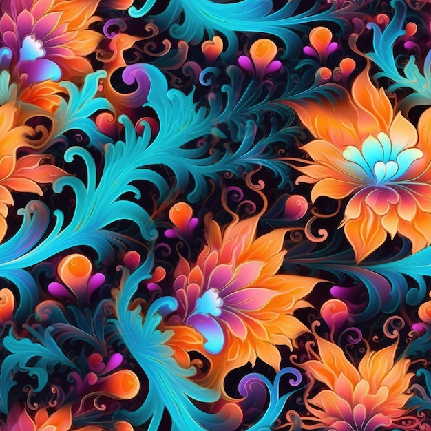 Ein farbenfroher Hintergrund mit einem Muster aus Blumen und Wirbeln