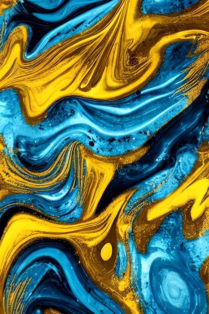 Ein farbenfroher Hintergrund mit einer blauen und gelben flüssigen Malerei.