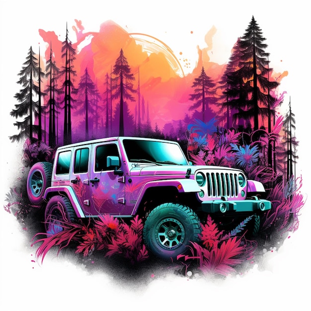 ein farbenfroher Jeep in einem Wald mit Bäumen und einer generativen KI bei Sonnenuntergang