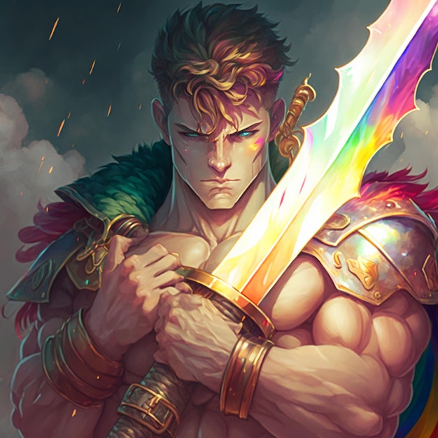 Ein farbenfroher Mann mit einem Regenbogenschwert in der Hand.