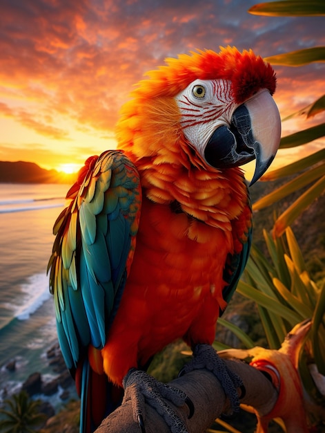 ein farbenfroher Papagei sitzt auf einem Zweig mit Blick auf den Ozean