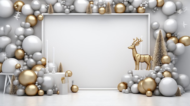 ein farbenfroher Rahmenhintergrund aus bunten Weihnachtsdekorationen und Hirschen. Weißer Rahmenhintergrund
