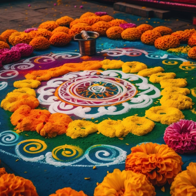 Ein farbenfroher Rangoli mit Blumen auf einem Tisch. Generatives KI-Bild