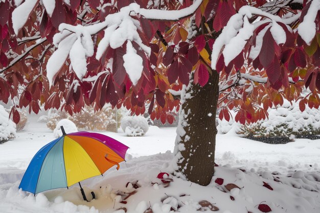 Ein farbenfroher Regenschirm, der unter einem Baum mit dickem Schnee und braunen Blättern geöffnet ist