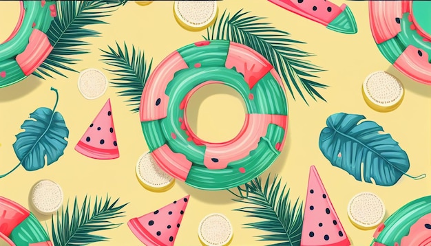 Foto ein farbenfroher sommerhintergrund mit wassermelone und palmblättern.