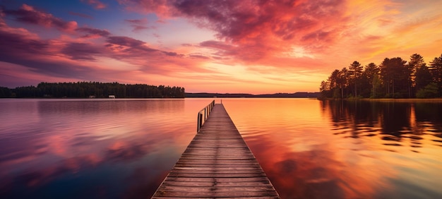 Ein farbenfroher Sommersonnenuntergang über einem ruhigen See AI Generative