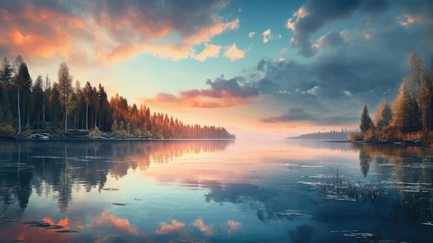 ein farbenfroher Sonnenuntergang auf einem See mit einem Wald und Wolken am Himmel.