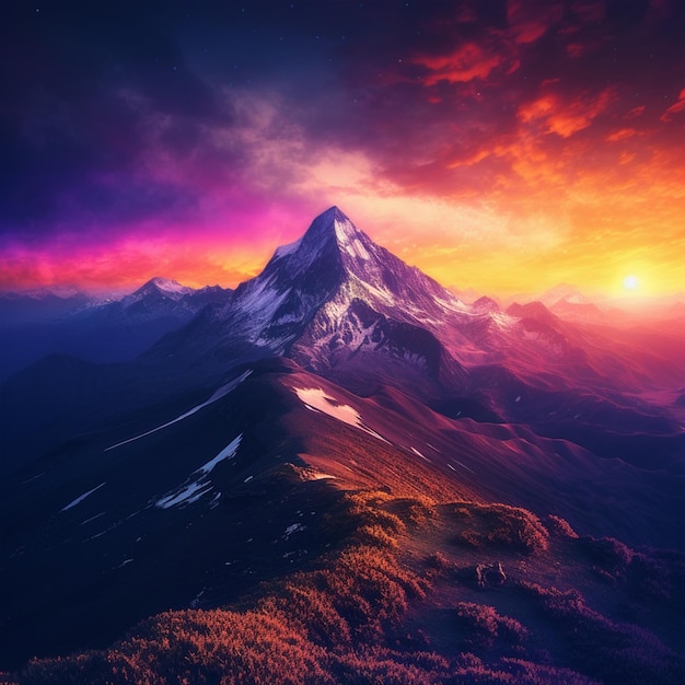 Ein farbenfroher Sonnenuntergang mit einem Berg im Hintergrund