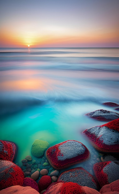 Ein farbenfroher Sonnenuntergang über dem Meer mit Felsen im Wasser