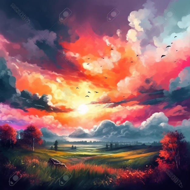Ein farbenfroher Sonnenuntergang über einem Feld mit einem Feld und Bäumen und einem Feld mit einem Feld und Vögeln, die in den Himmel fliegen.